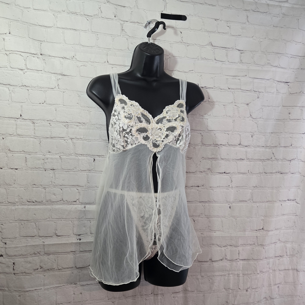 VTG 80’s Fredericks Of Hollywood‎ Ivory Lace Babydoll Teddy M With Thong Bridal